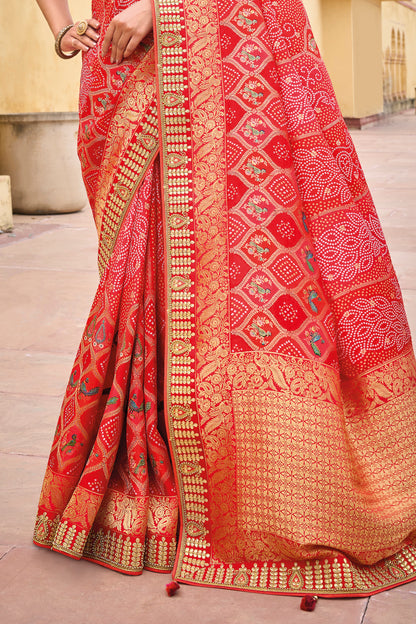 Strawberry Red Bandhani Style Soft Dola Silk Saree with Red Blouse