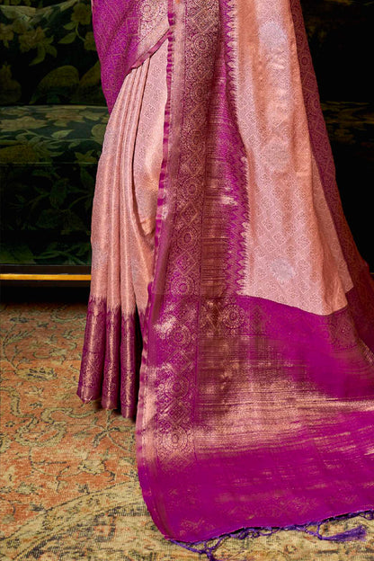 Light Pink Shimmer Silk Kanjivaram Style Saree with Purple Border