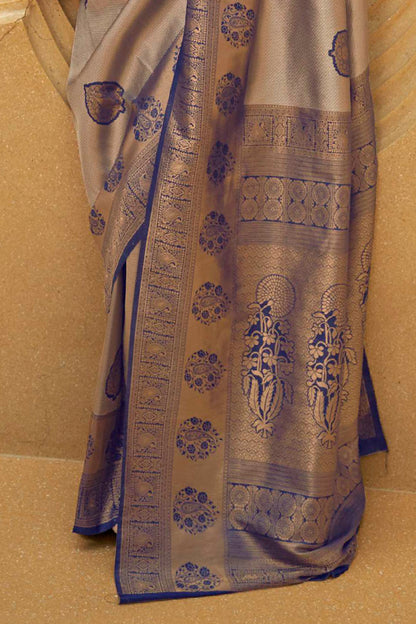 Eggplant Purple and Copper Designer Kanjivaram Silk Saree with Antique Finish