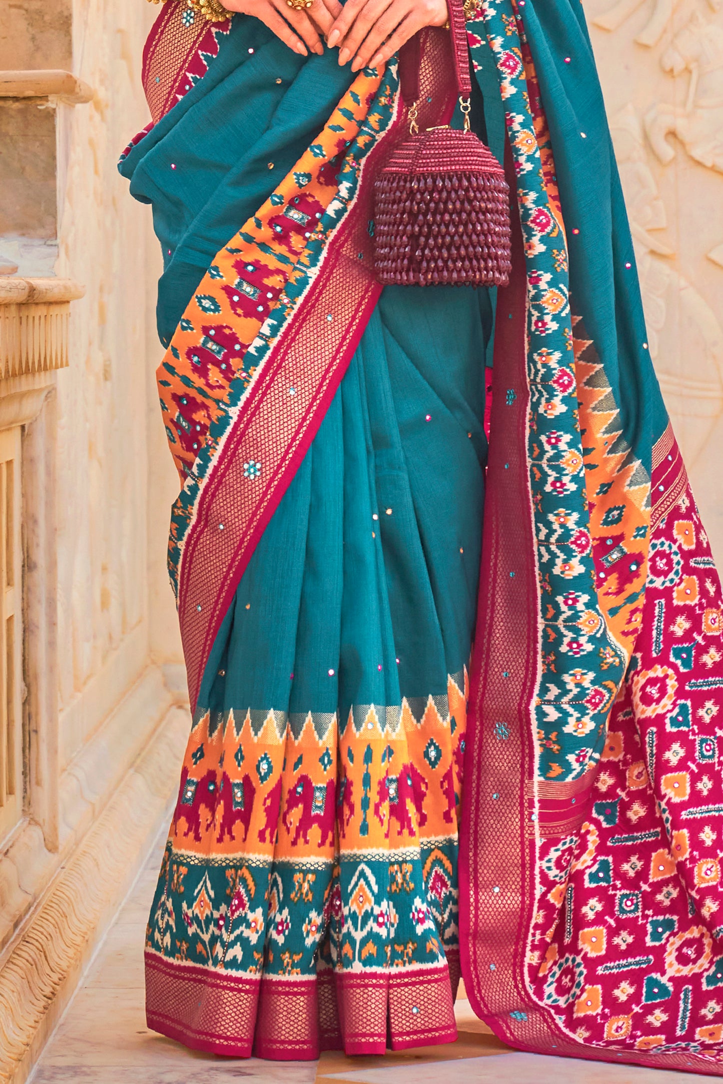 Turquoise & Yellow Patola Inspired Designer Embellished Bordered Saree