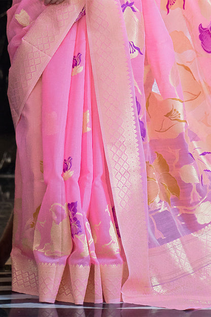 Carnation Pink  Zari Woven Floral Pallu Linen Saree.