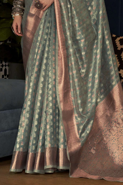 Greenish Grey Zari Woven Soft Banarasi Organza Saree