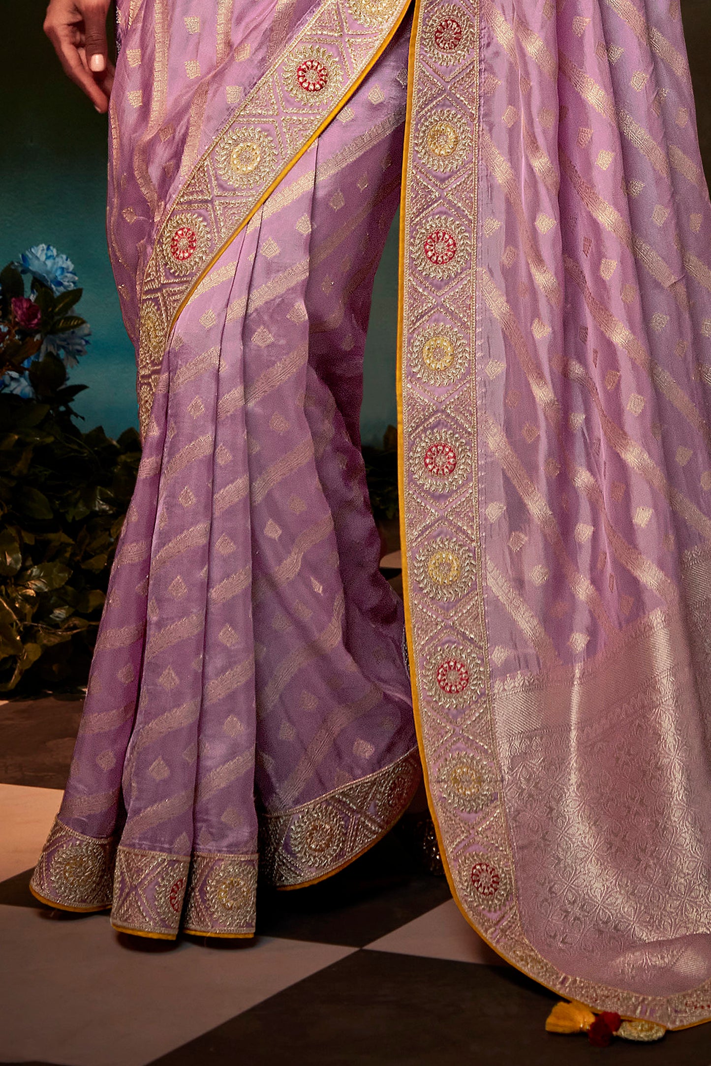 Purplish Pink Feather Light Organza Saree with Designer Blouse