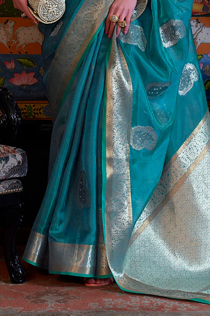 Prussian Blue  Soft Organza Silk Zari Woven Soft Silk Saree