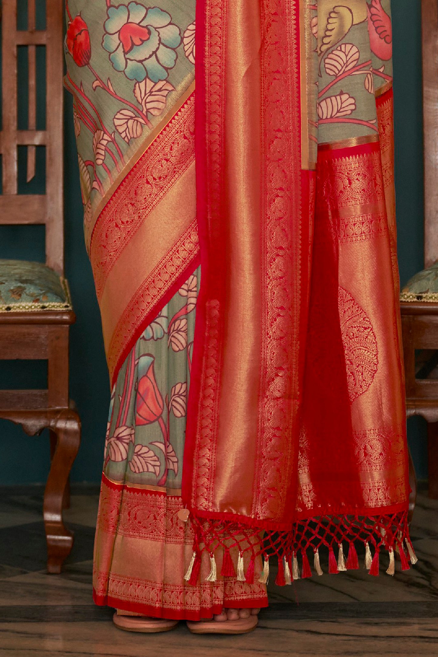 Light Grey Pure Satin Kalamkari Saree with Kanchi Pallu