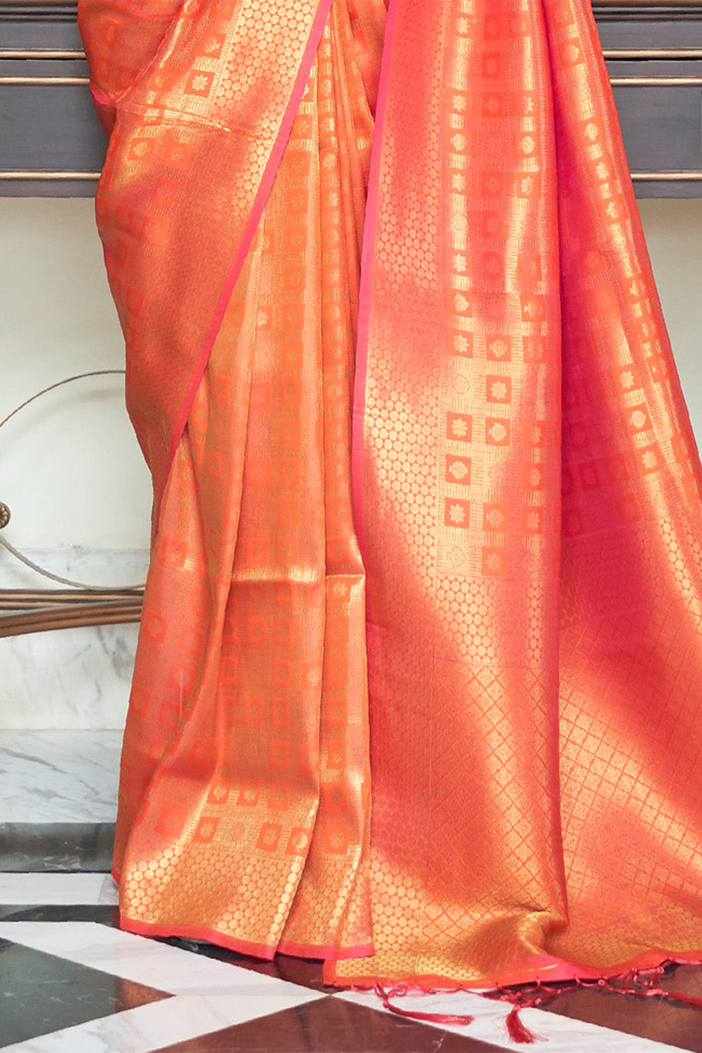 Bright Orange Woven Brocade Kanjivaram Saree with Peacock Border