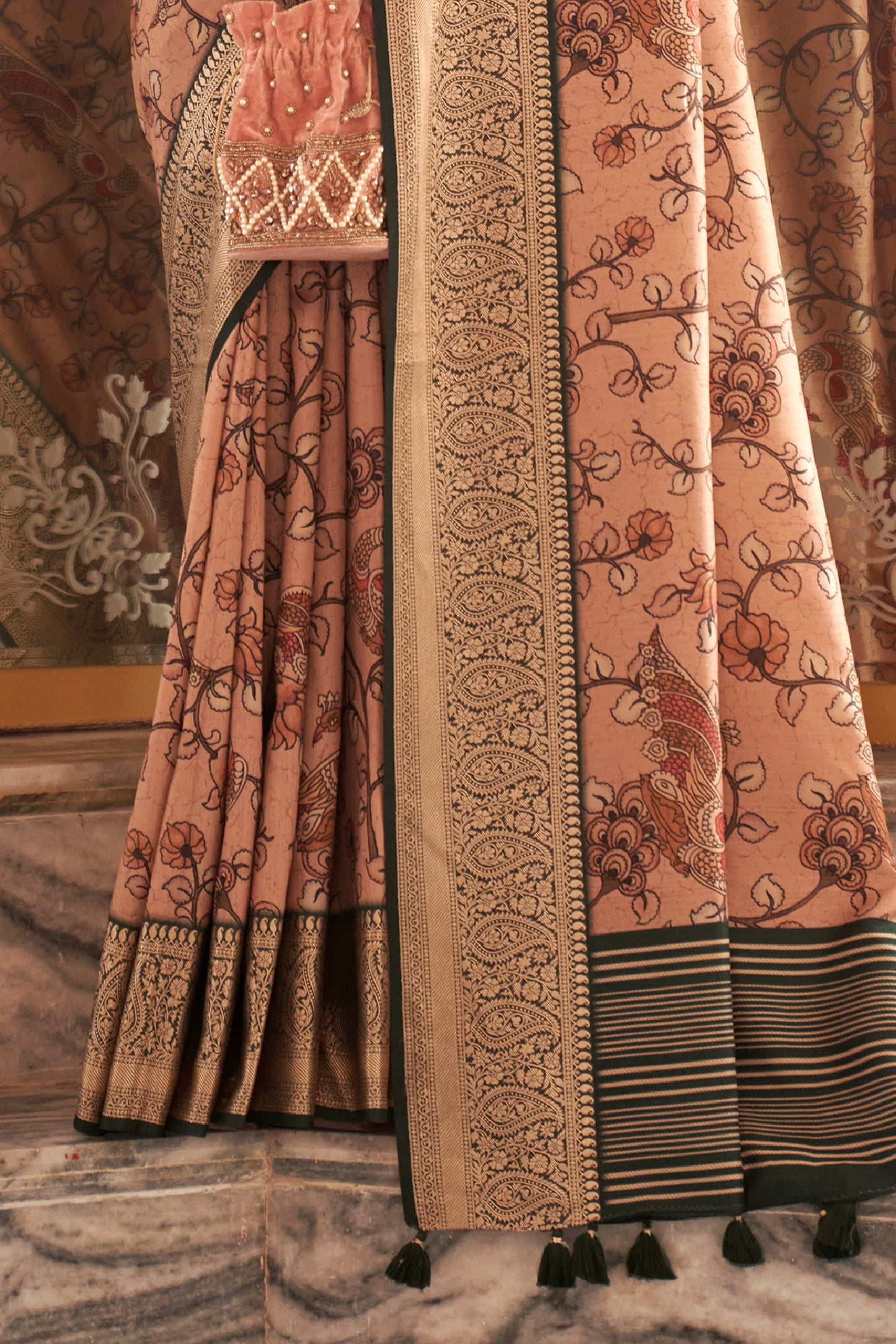 Caramel Pink Pen Kalamkari Printed Silk Saree with Woven Kanchi Pallu