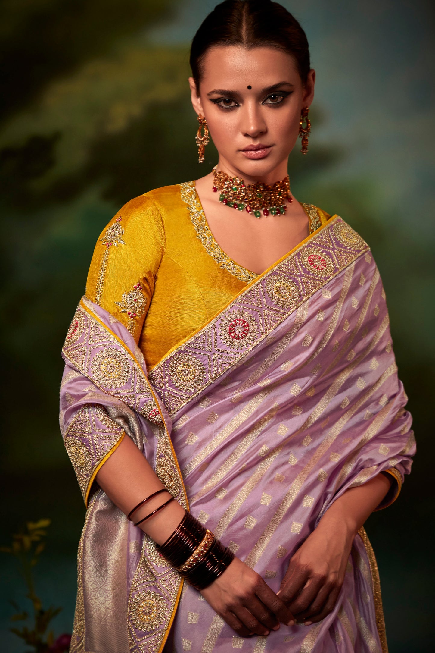 Purplish Pink Feather Light Organza Saree with Designer Blouse