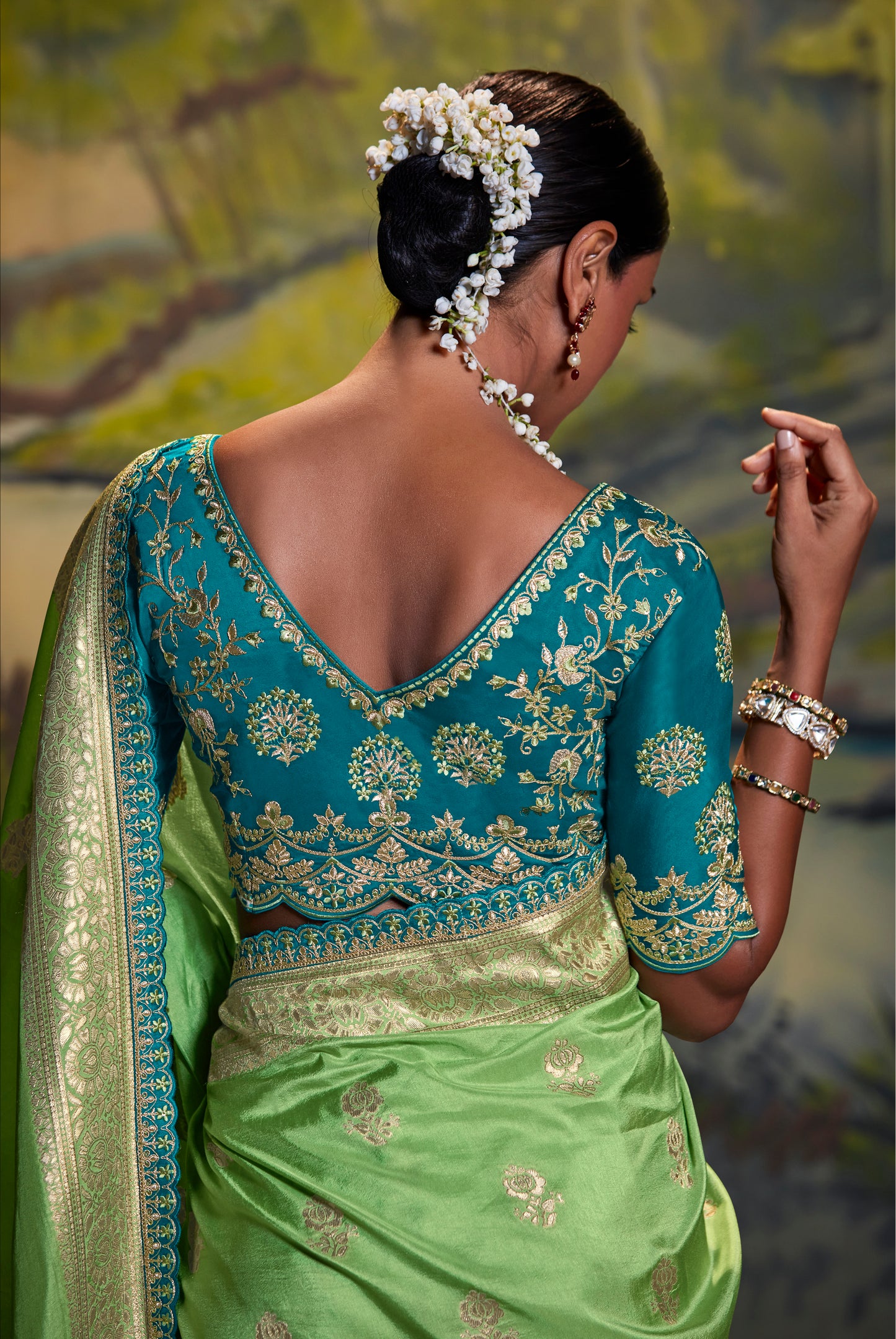 Bright Green Woven Banarasi Saree with Firozi Blue Blouse