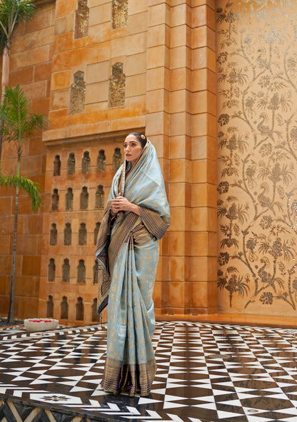 Greyish Blue  Soft Kanjivaram Silk Saree with Blouse