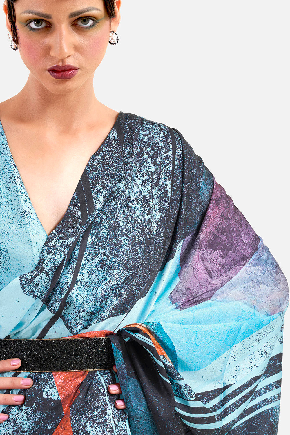 Light Blue with Black  Designer Pure Satin Silk Saree with Blouse