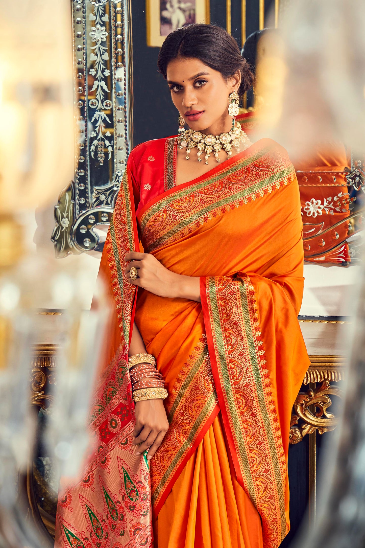 Fanta Orange Paithani Woven Pallu and Border Saree with Contrast Blouse