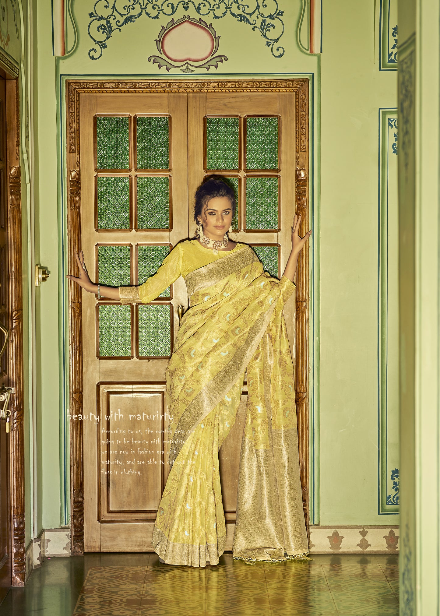 Sparkling Yellow Banarasi Jungla Jaal Zari Woven Saree for Weddings