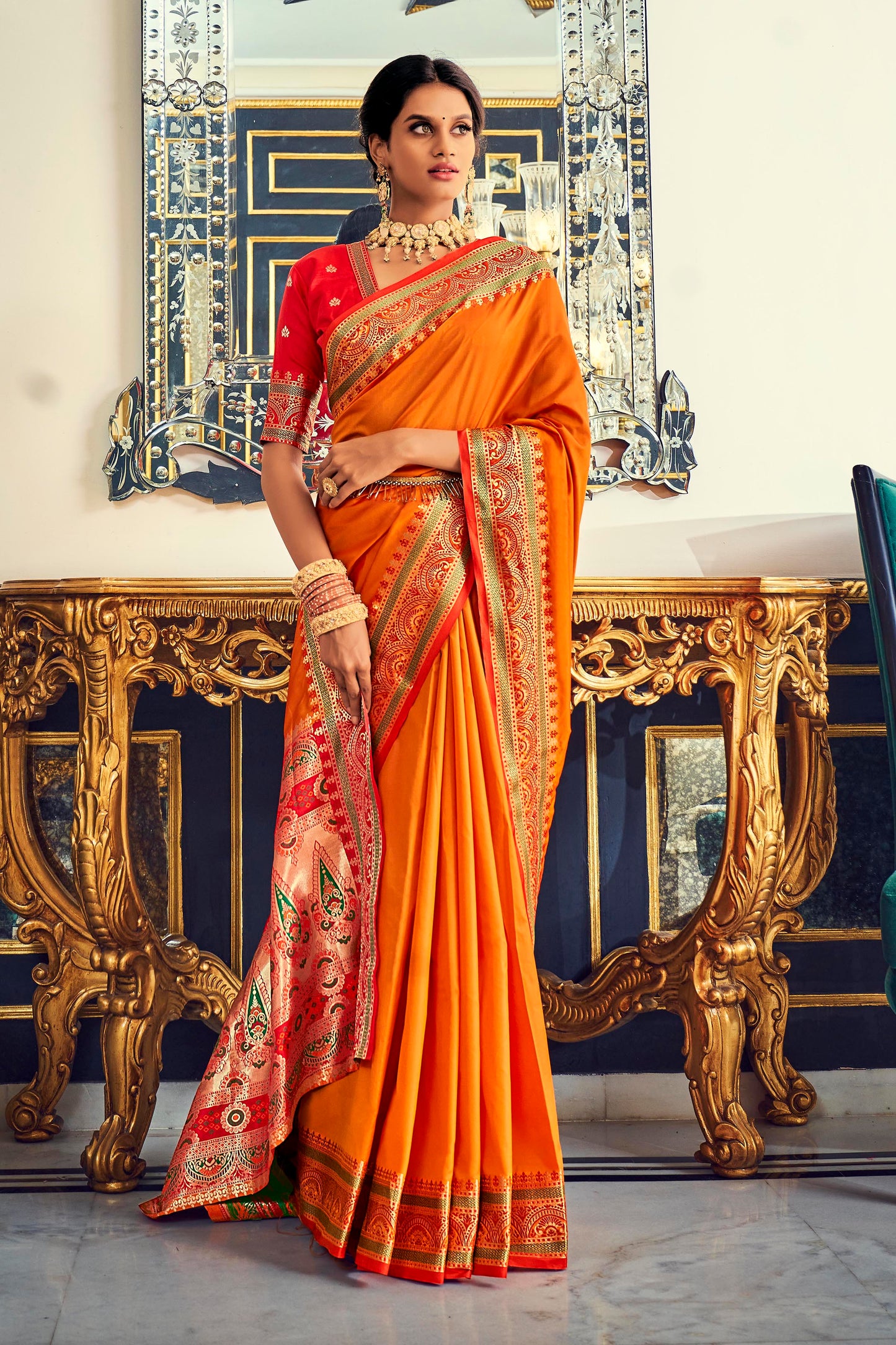 Fanta Orange Paithani Woven Pallu and Border Saree with Contrast Blouse