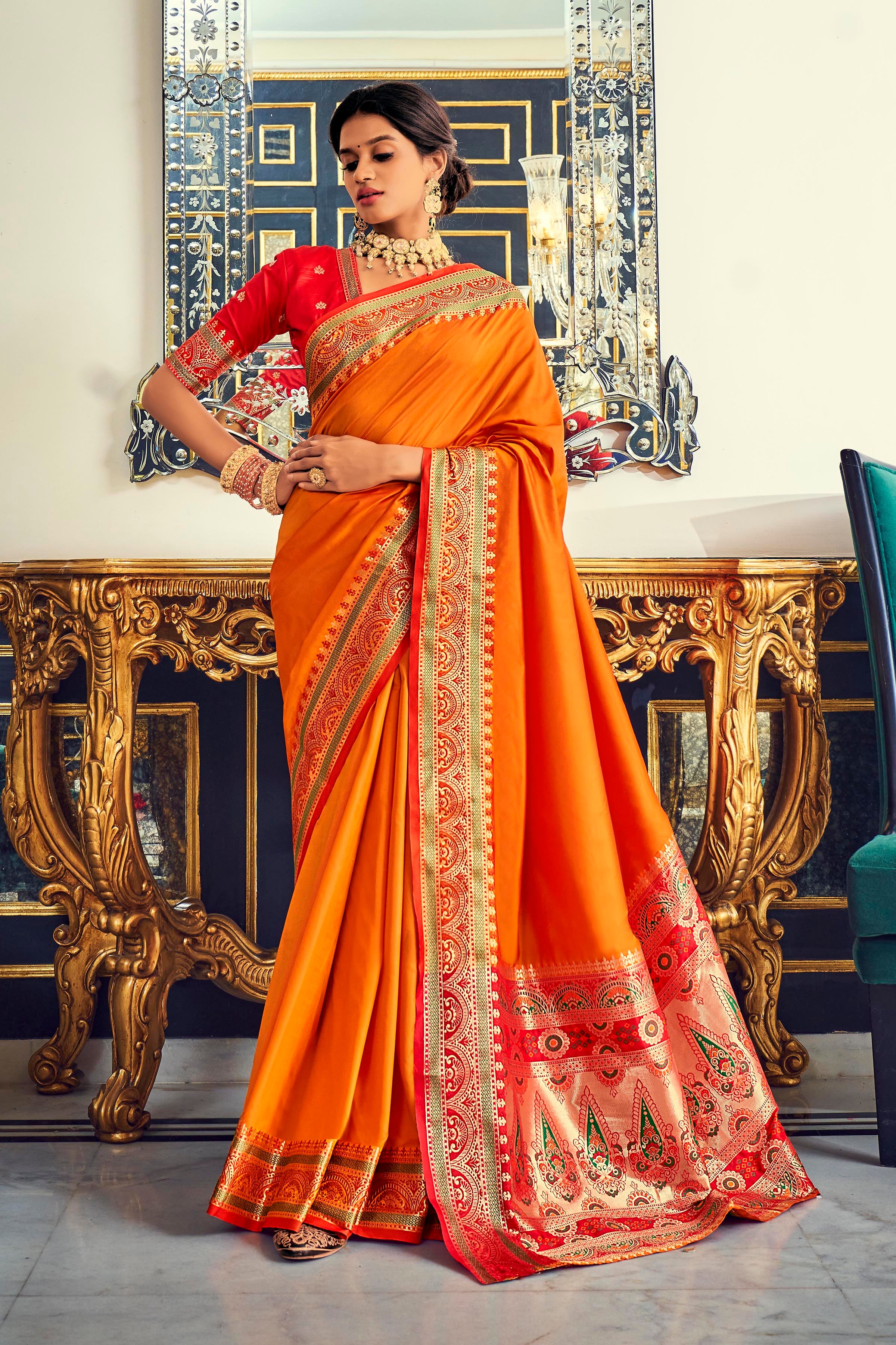 Buy Vibhawari Sarees Women Cotton Fanta Orange Resham Saree With Blouse  Piece at Amazon.in