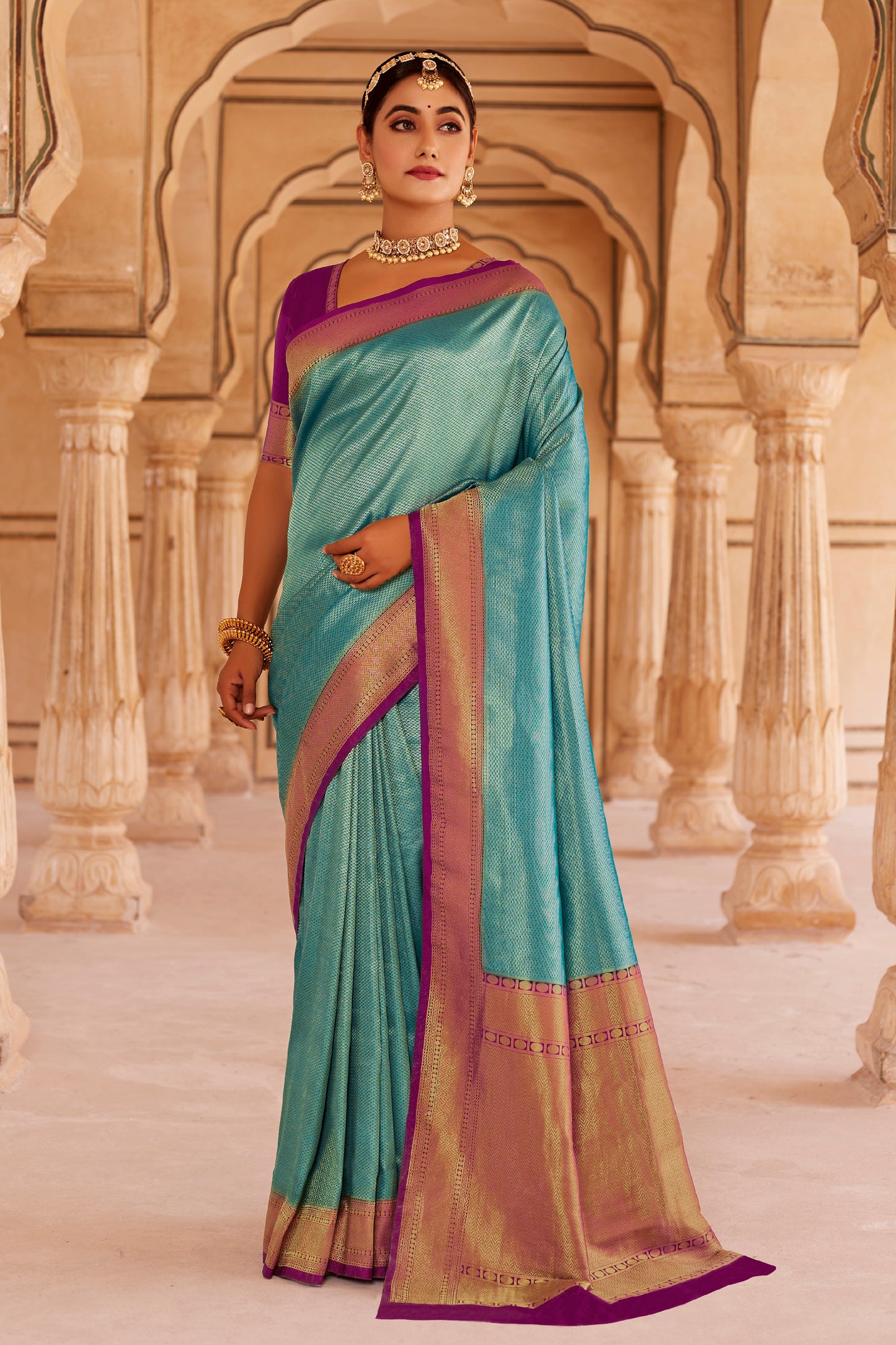 Peacock Blue Big Zari Bordered Kanjivaram Saree for Weddings