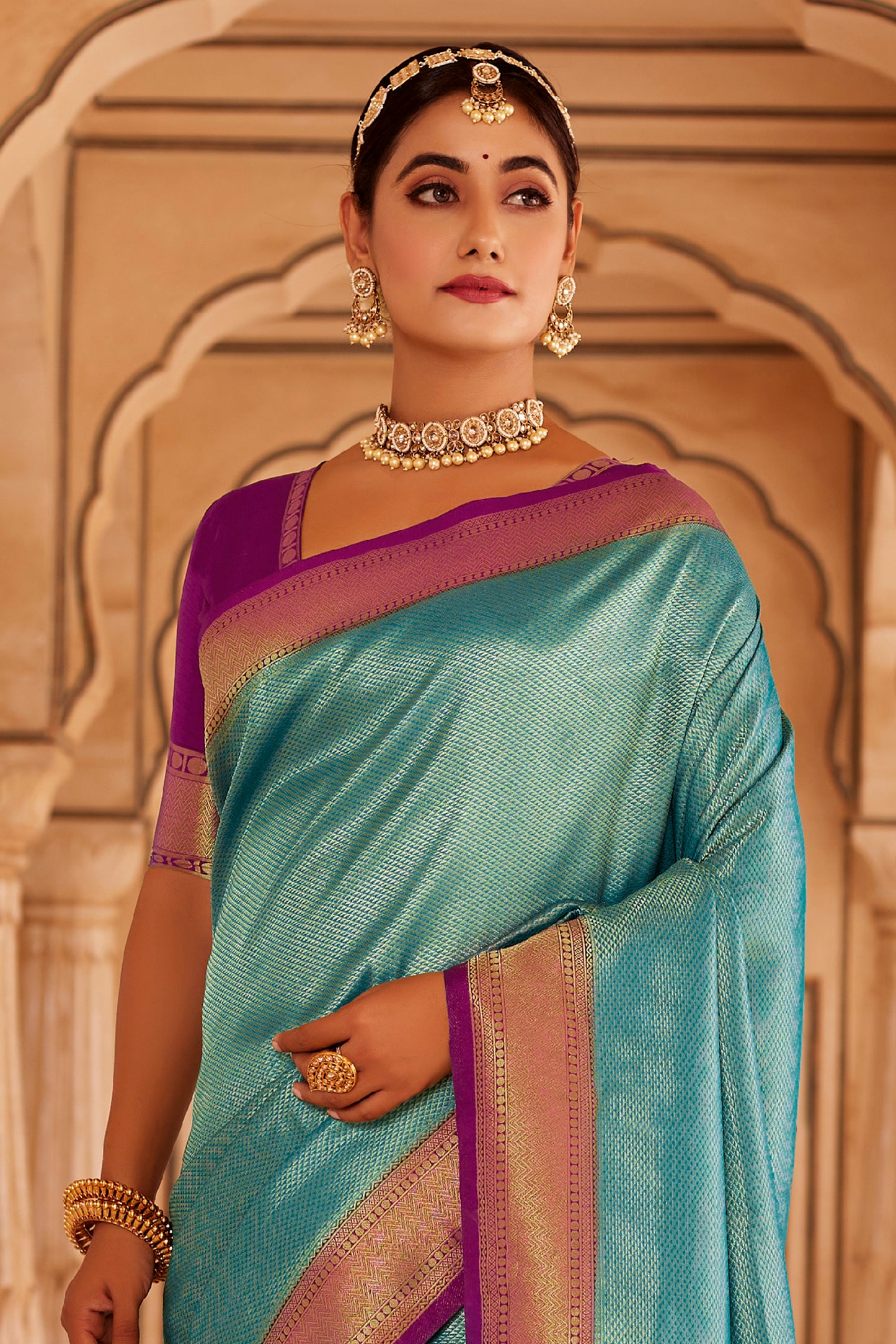 Peacock Blue Big Zari Bordered Kanjivaram Saree for Weddings