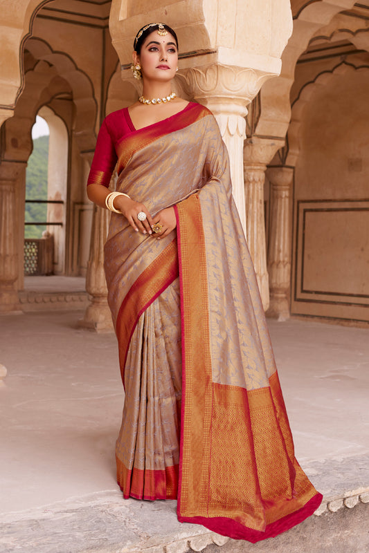 Latte Brown Big Zari Bordered Kanjivaram Saree for Weddings