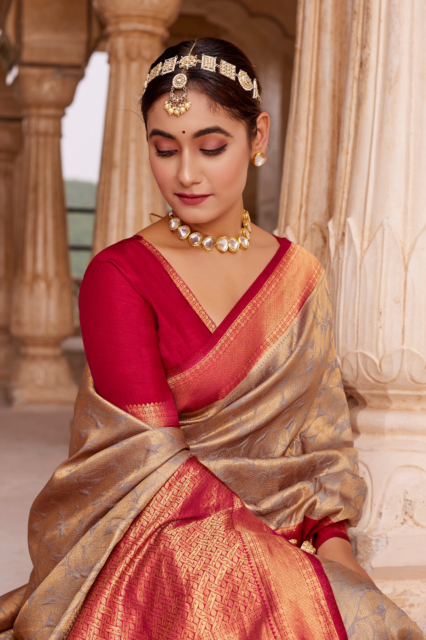 Latte Brown Big Zari Bordered Kanjivaram Saree for Weddings