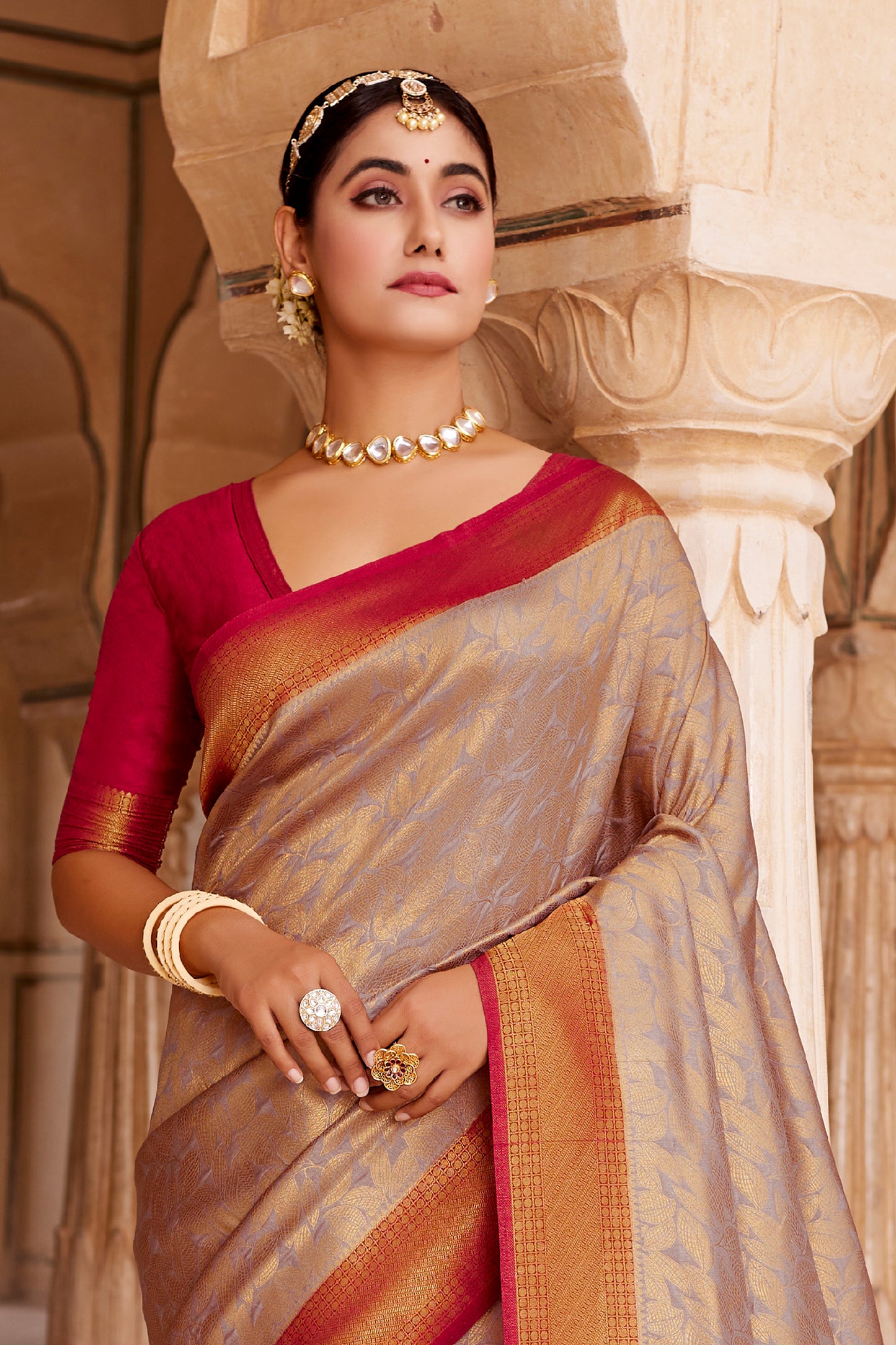 Latte Brown Big Zari Bordered Kanjivaram Saree for Weddings