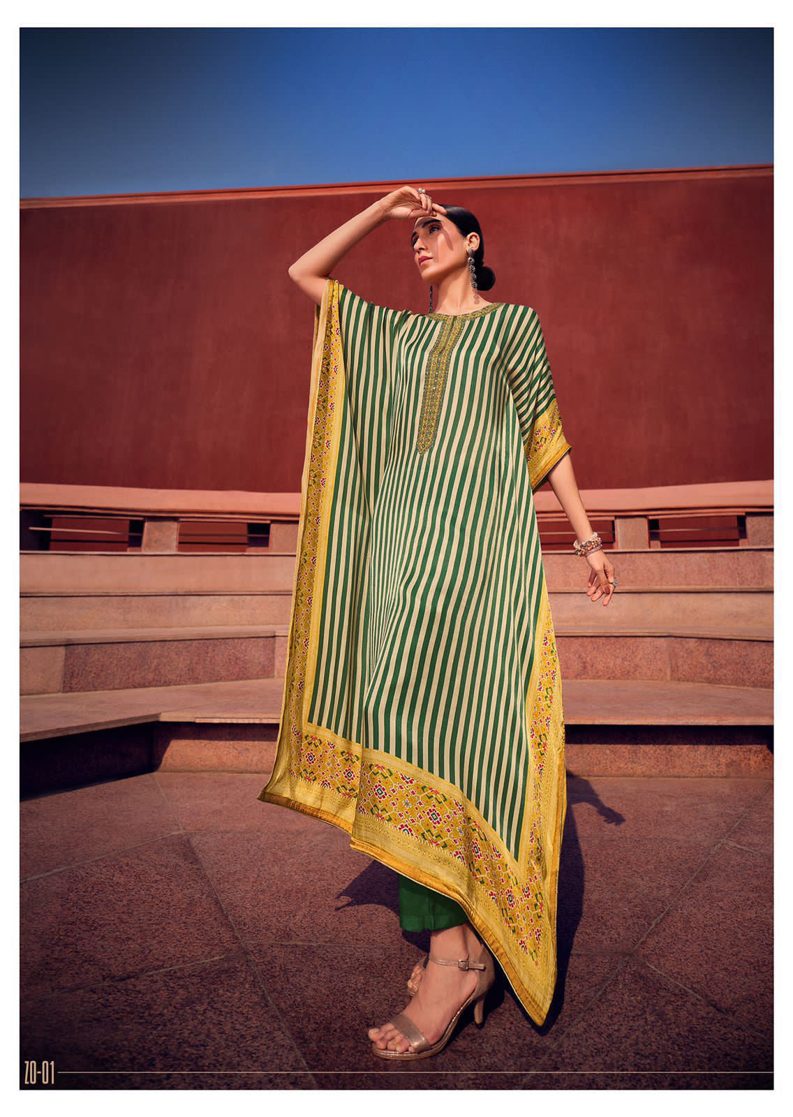 Green White Stripe Kaftan Dress with Yellow Patola Border