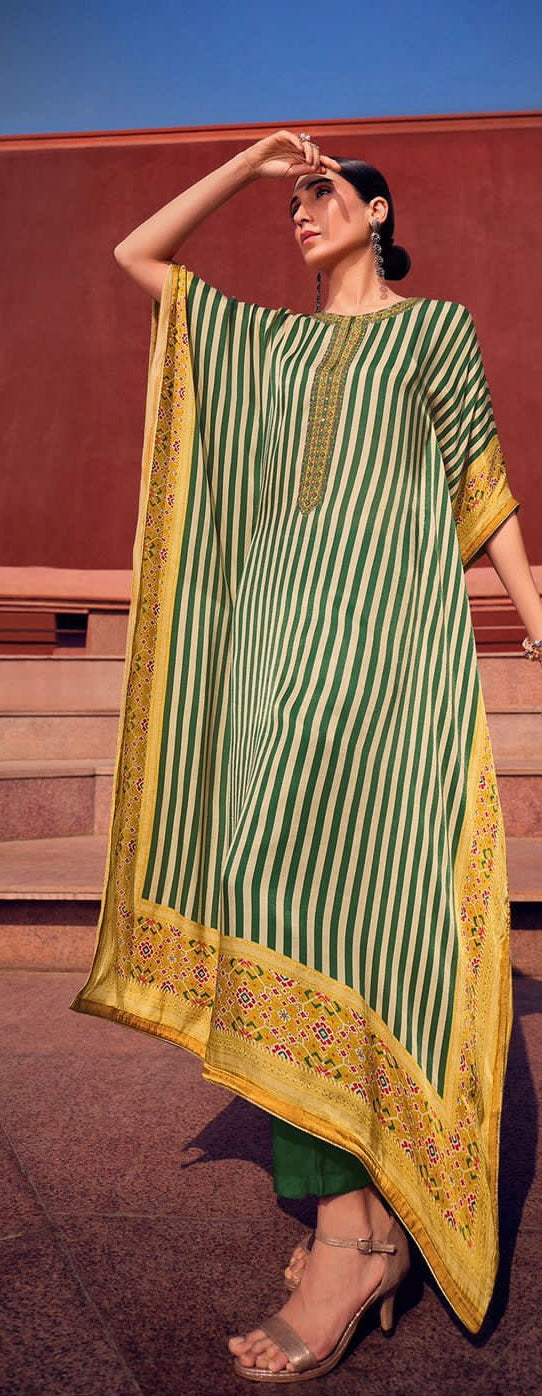 Green White Stripe Kaftan Dress with Yellow Patola Border