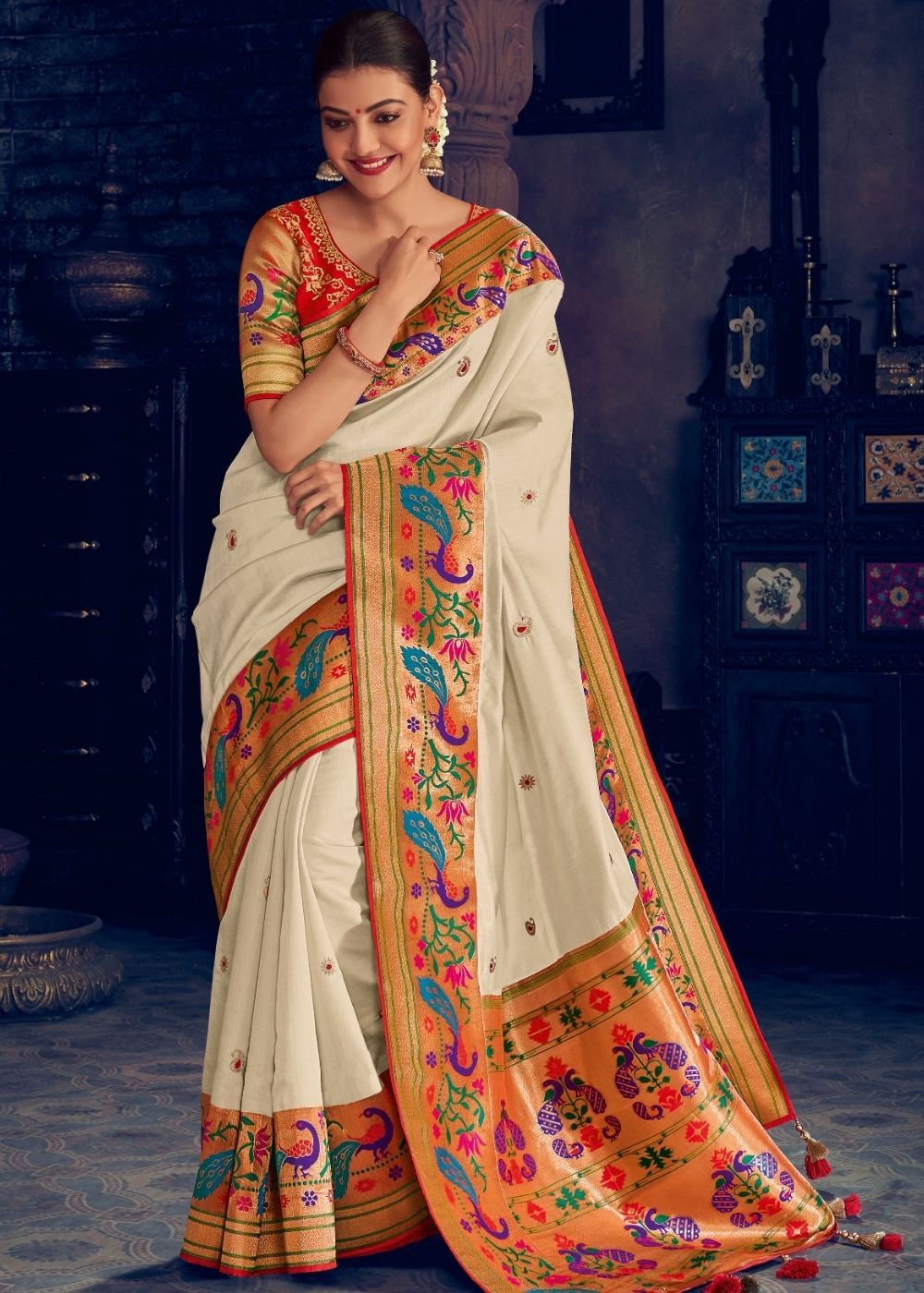 Off White Latest Designer Paithani Silk Saree with Desiger Embroidered Blouse