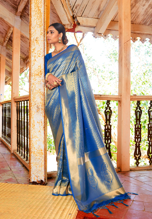 Egyptian Blue  Zari Woven Soft Kanjivaram Silk Saree