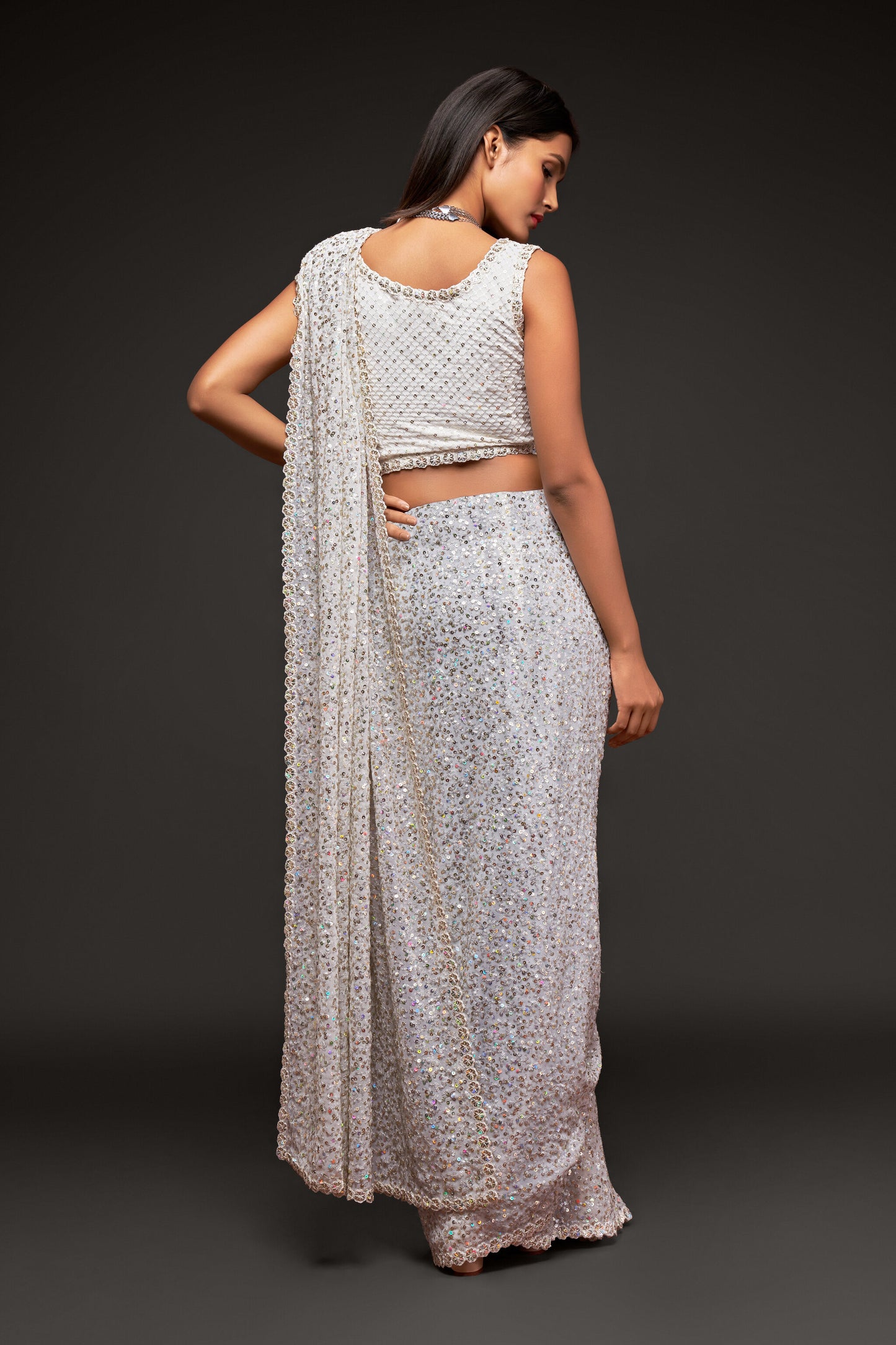 Swan White Sequin emblished Designer Sparkling Georgette Saree Bloue for Every Occassions