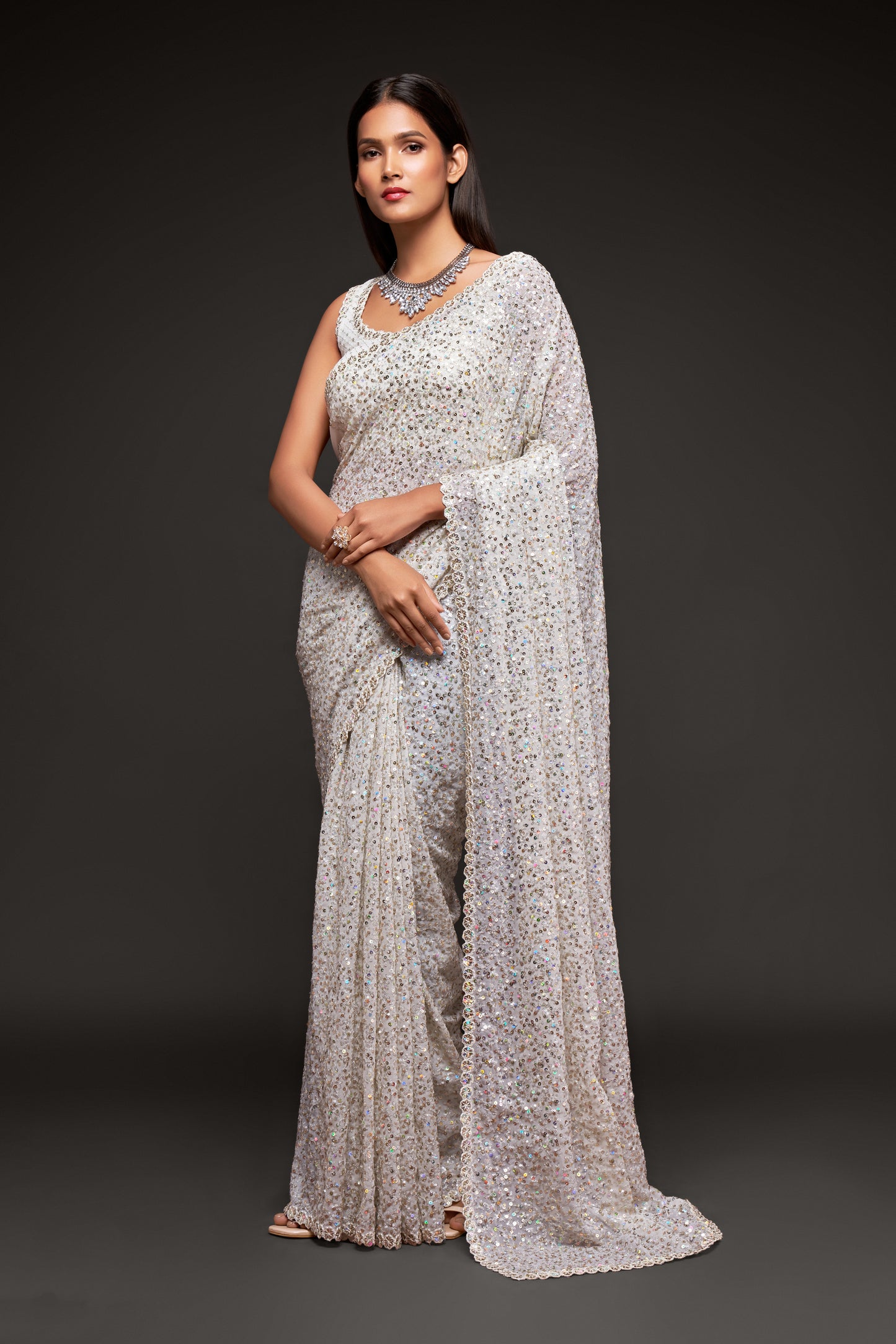 Swan White Sequin emblished Designer Sparkling Georgette Saree Bloue for Every Occassions