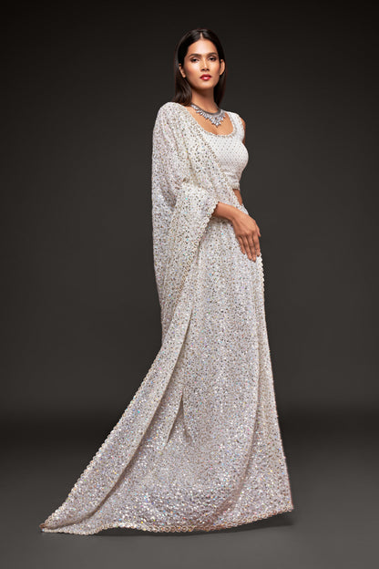 Swan White Sequin emblished Designer Sparkling Georgette Saree Bloue for Every Occassions