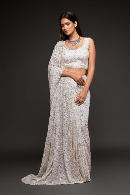 Swan White Sequin emblished Designer Sparkling Georgette Saree Bloue for Every Occassions