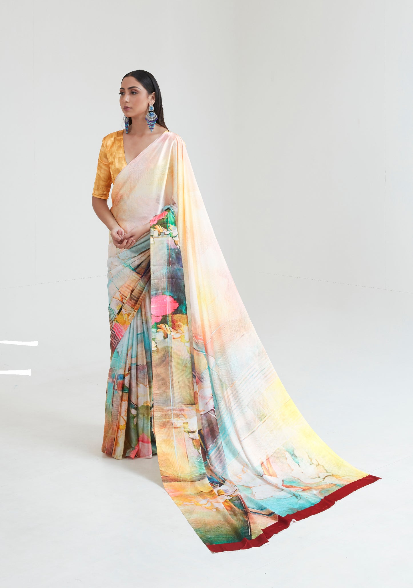 Sunset Yellow Abstract 3D Printed Pure Satin Silk Saree for Weddings