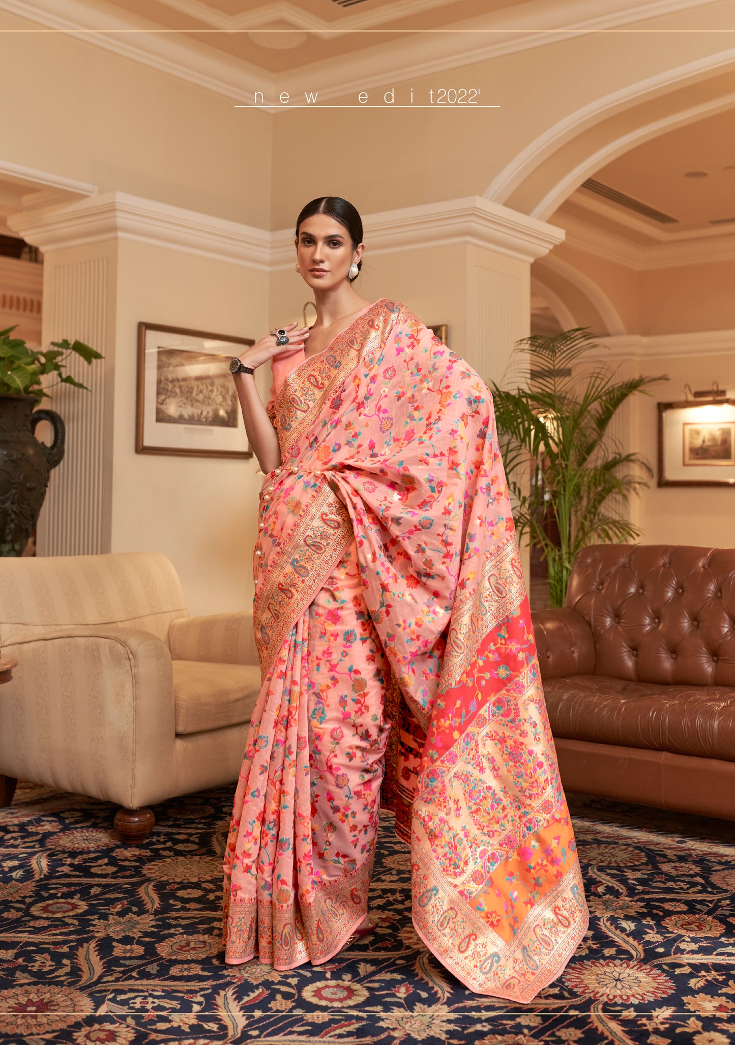 Peach Kashmiri Handloom Modal Silk Woven Kani Saree for Weddings