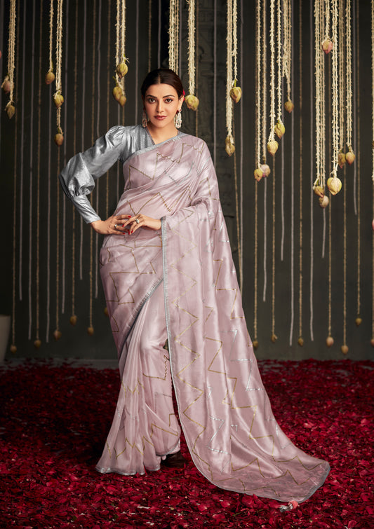 Onion Pink Soft Organza Saree with Metallic Blouse