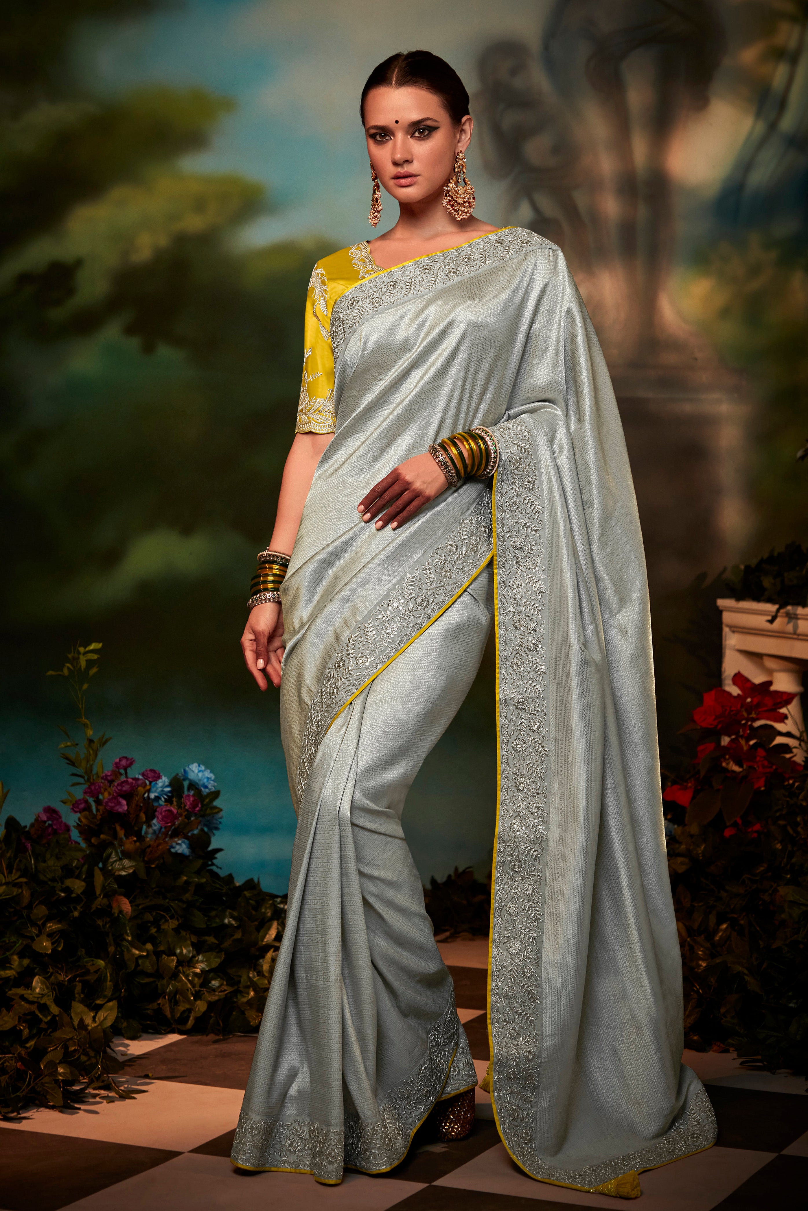 Buy Silver Tissue Silk Saree Online in USA with Embroidered Blouse – Pure  Elegance