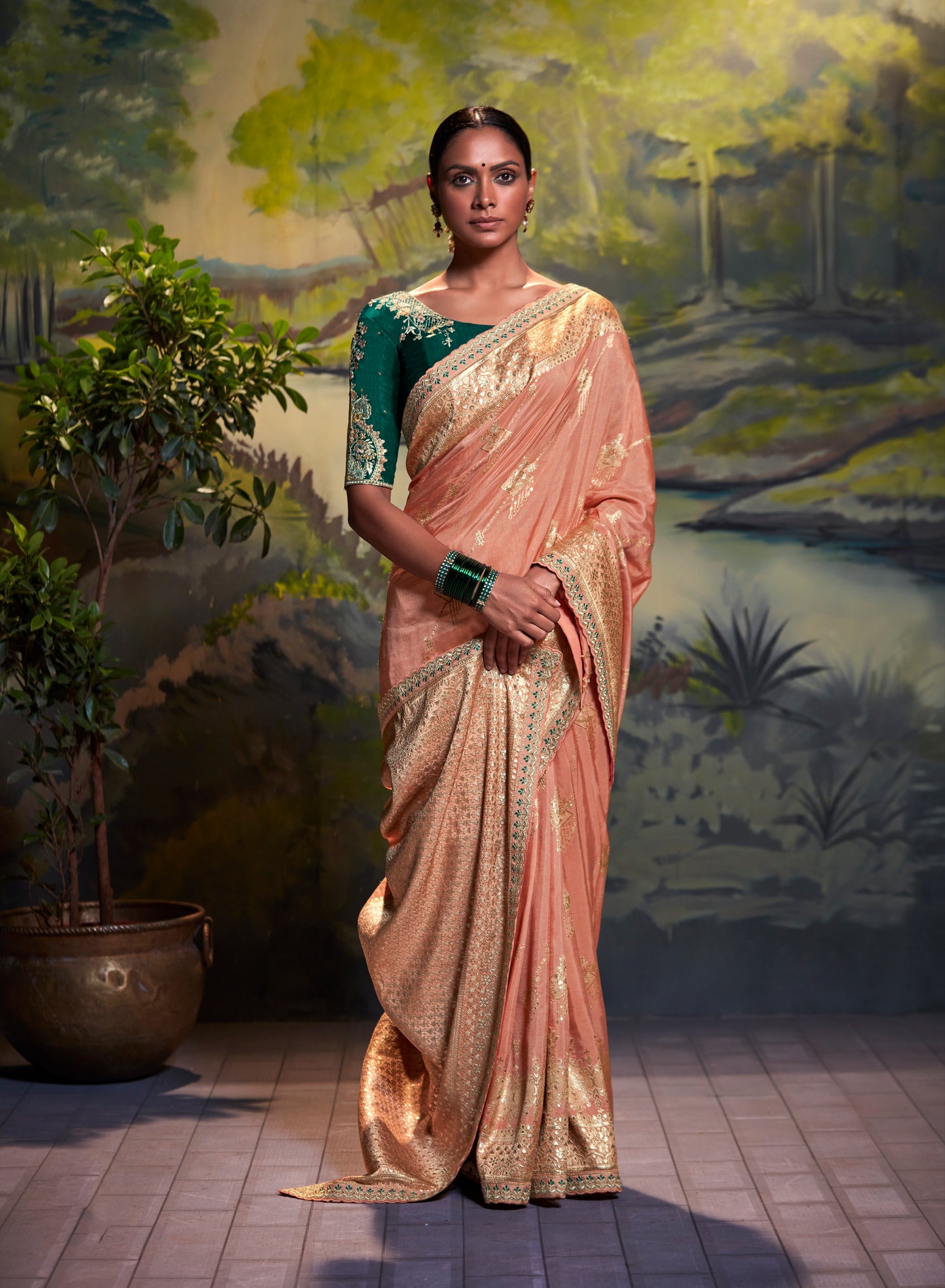 Peach Banarasi Woven Designer Saree with Bottle Green Blouse