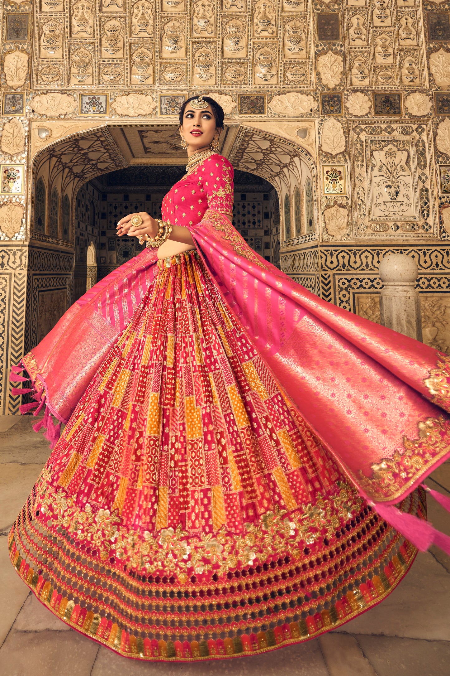 Pink & Yellow Crushed Silk Bridal Lahenga Choli with Embroidered Blouse
