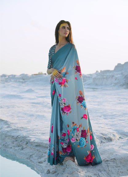 Ombre Blue Floral Digital Printed Satin Silk Saree