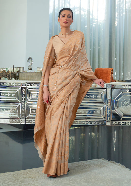 Beige Pure Modal Silk Woven Lucknowi Saree
