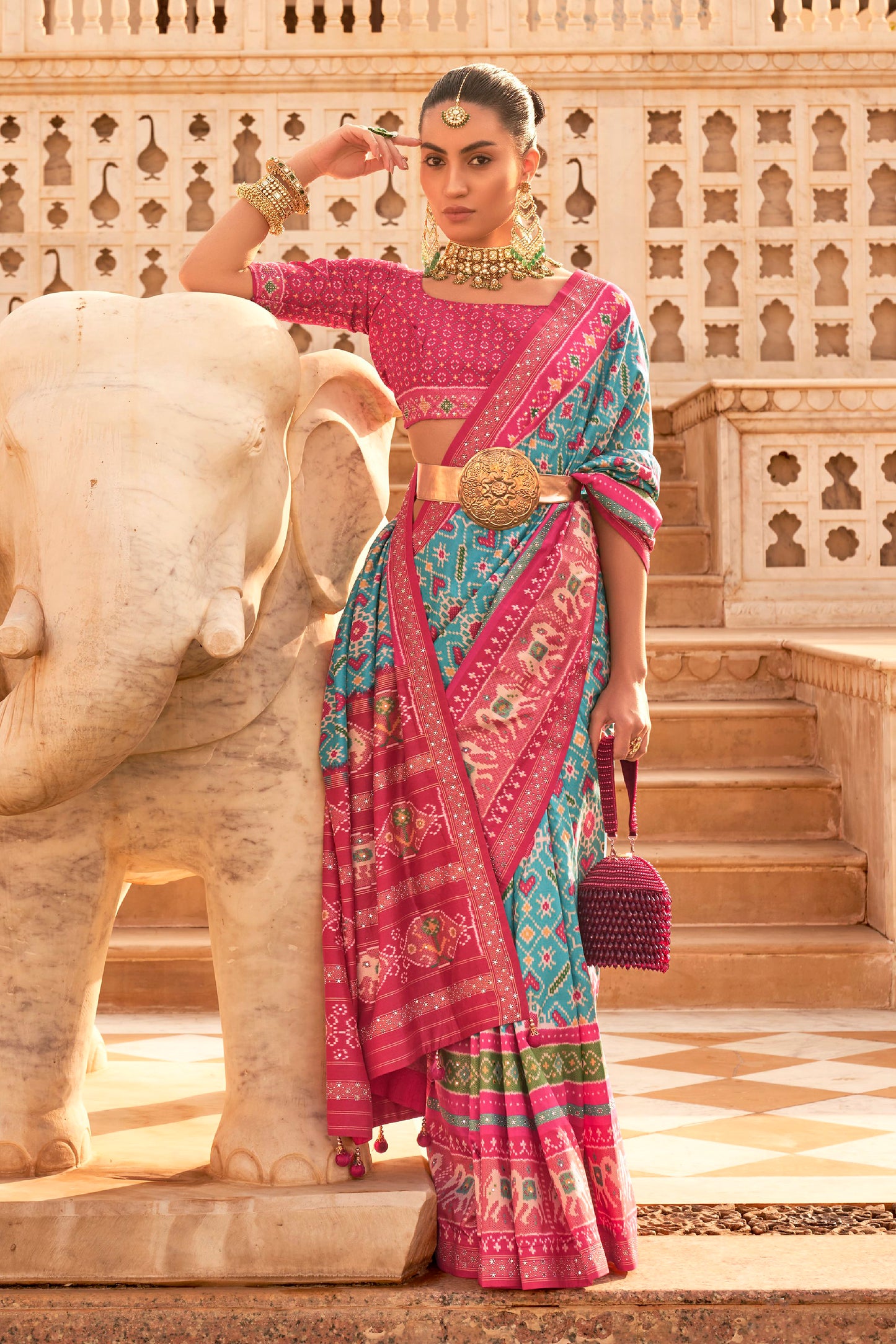 Light Blue Woven Patola Designer Saree with Elephant Border