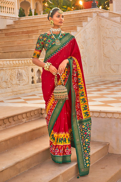 Dark Red Patola Inspired Designer Embellished Bordered Saree