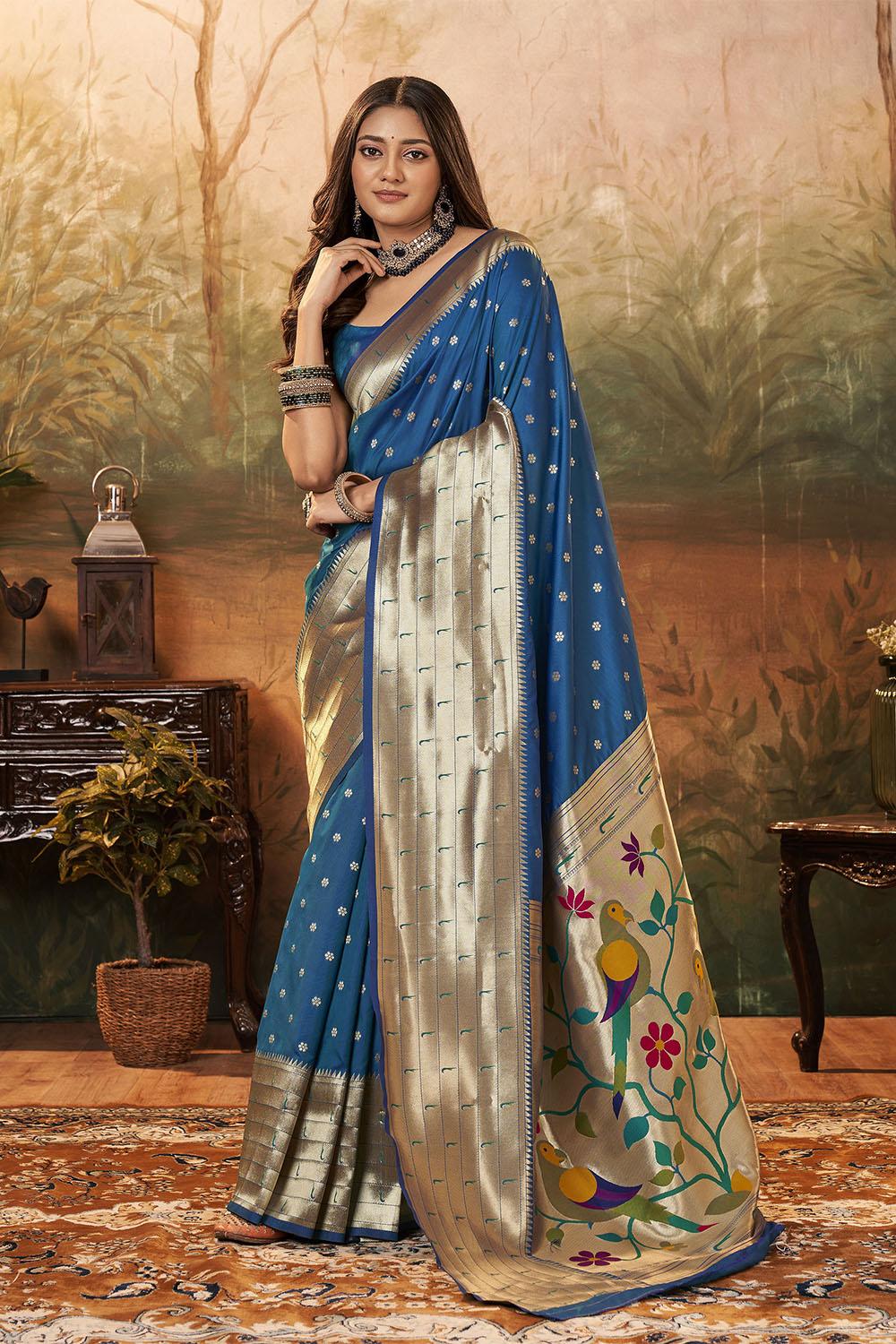 Peacock Blue Banarasi Paithani Saree with Parrot Pallu and Broad Zari Border