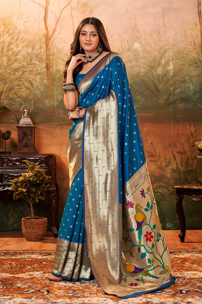 Peacock Blue Banarasi Paithani Saree with Parrot Pallu and Broad Zari Border