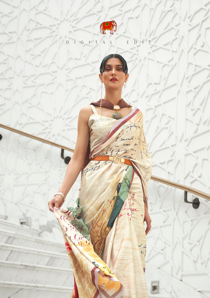 Off White 3D designer Printed Saree with Blouse for Weddings