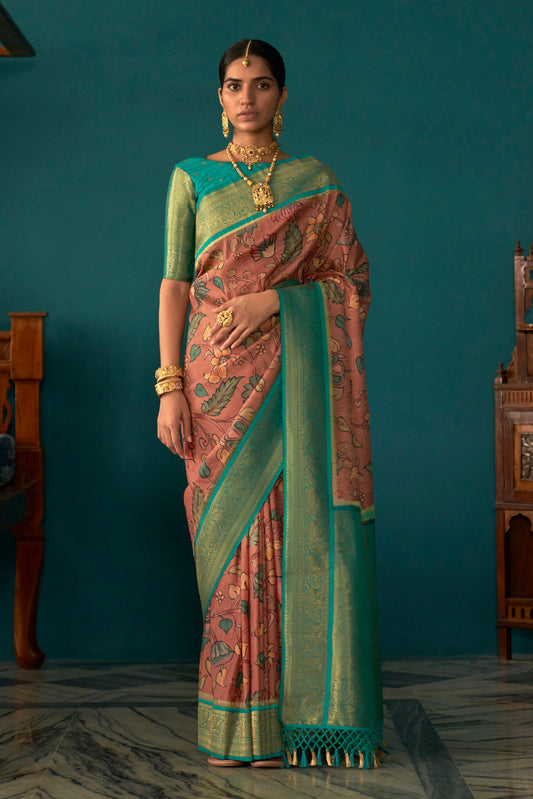 Chickoo Coloured Pure Satin Kalamkari Saree with Kanchi Pallu