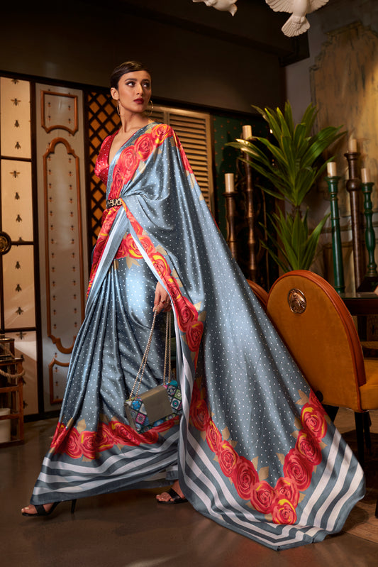 Grey Polka Dot Designer 3d Printed Soft Satin Silk Saree with Blouse