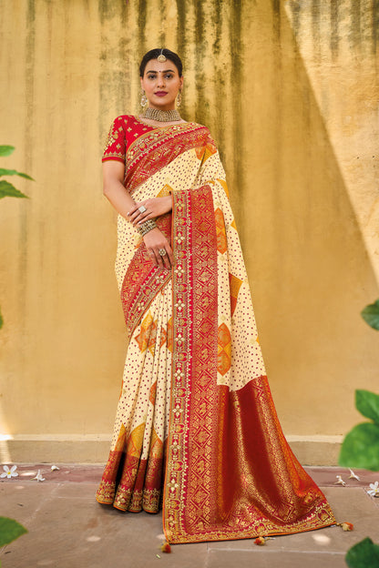 Creme with Red  Dola Silk Big Bordered Designer Saree with Embroidered Blouse