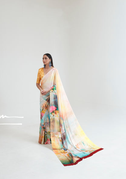 Sunset Yellow Abstract 3D Printed Pure Satin Silk Saree for Weddings