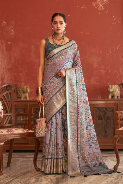 Mauve Grey Pen Kalamkari Printed Silk Saree with Woven Kanchi Pallu